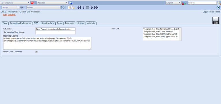 ERP5 | Open Source ERP - Screenshot Preferences VCS Working Copies