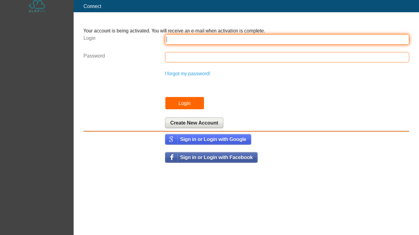 SlapOS Interface - Login Screen Pending Activation