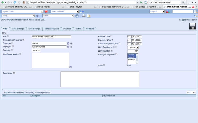 ERP5 Screenshot Paysheet Model View